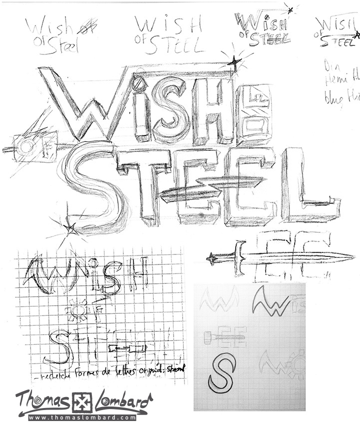 recherches et esquisses pour le logo Wish of Steel