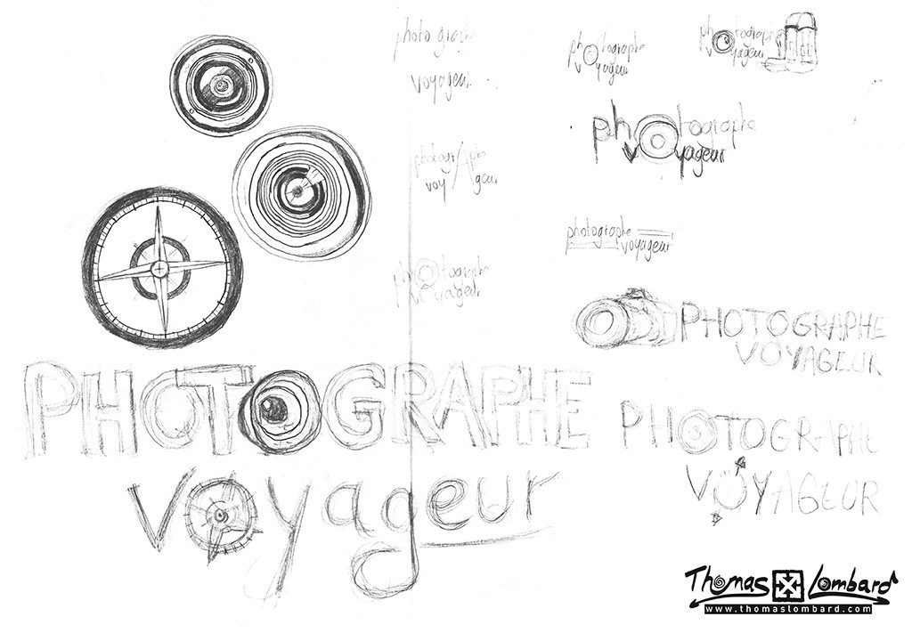 esquisses et recherches crayonnées pour le logo Photographe Voyageur